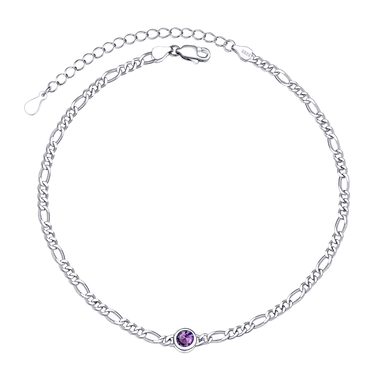 Birthstone Sterling Silver Diamond Cut Figaro Anklets for Women Feb