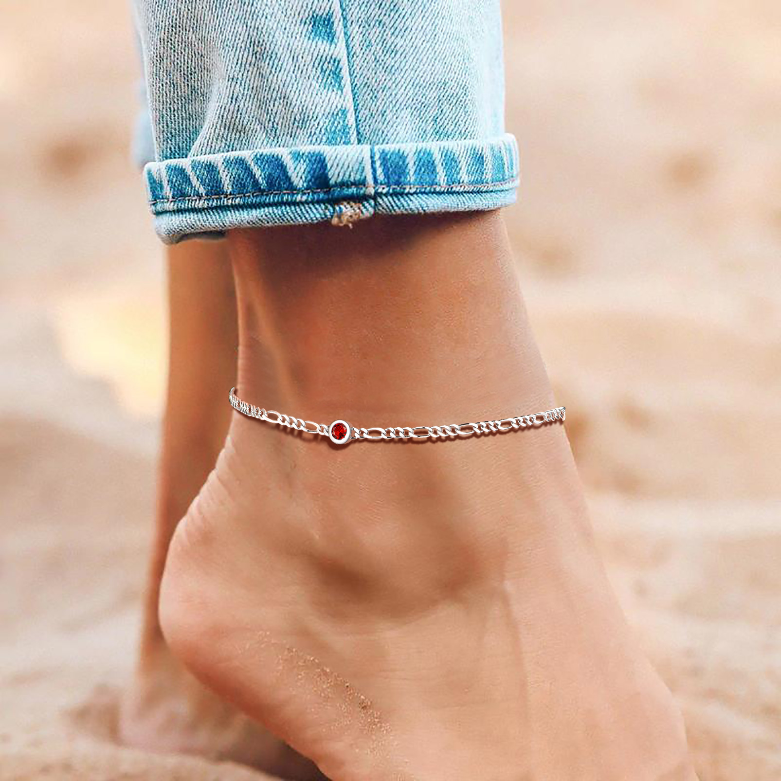 Birthstone Sterling Silver Diamond Cut Figaro Anklets model model