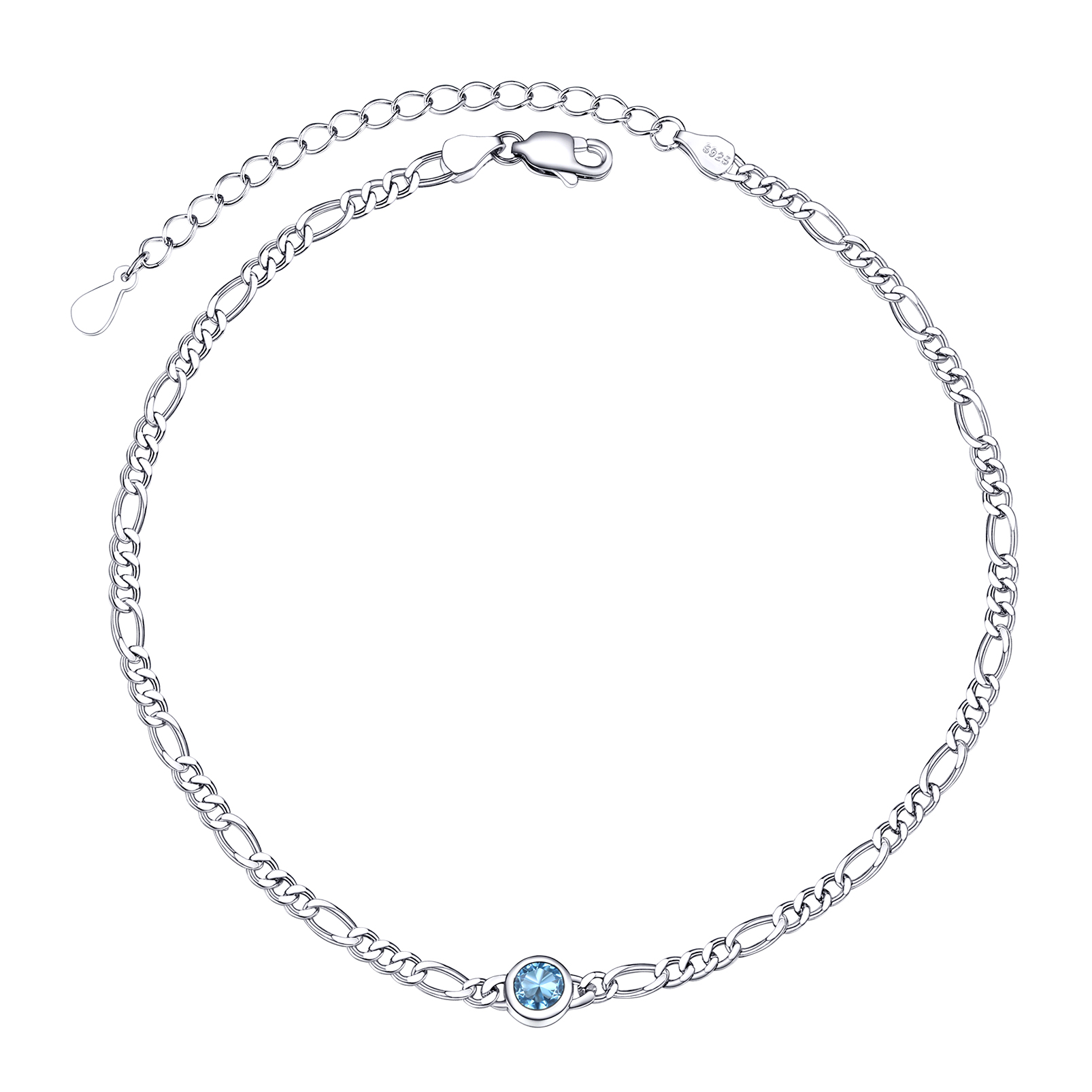 Birthstone Sterling Silver Figaro Anklets for Women Mar