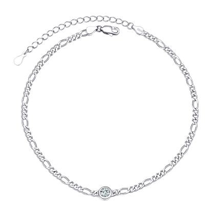 Birthstone Sterling Silver Diamond Cut Figaro Anklets for Women Apr