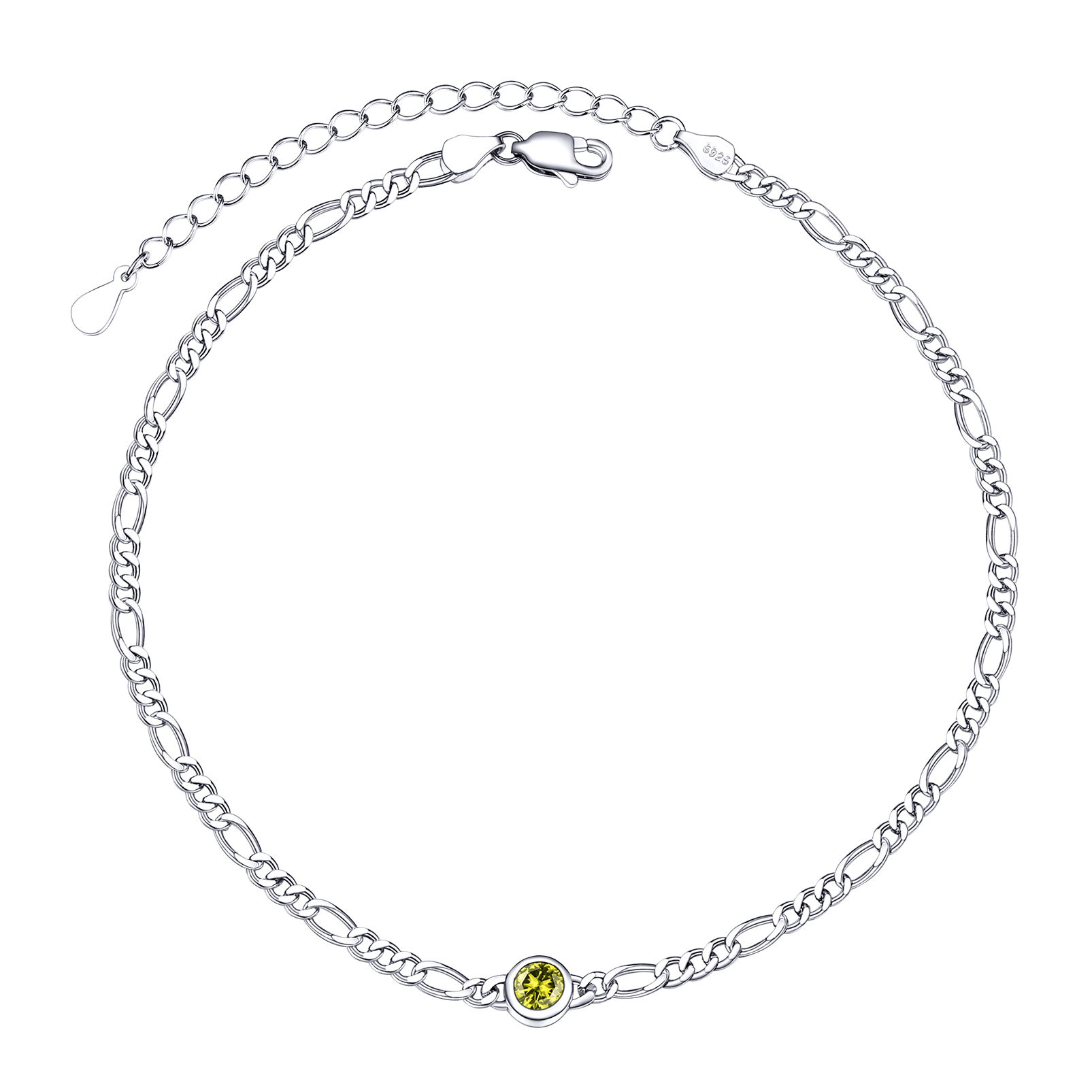 Birthstone Sterling Silver Diamond Cut Figaro Anklets for Women Aug