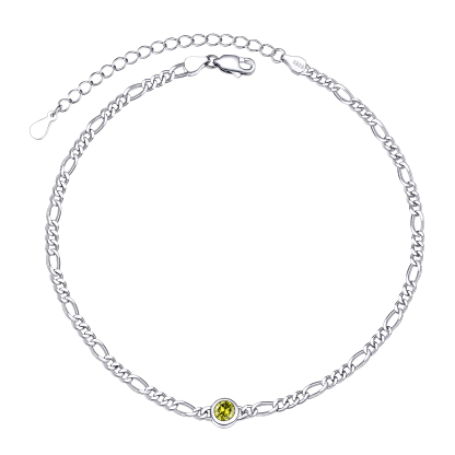 Birthstone Sterling Silver Diamond Cut Figaro Anklets for Women Aug