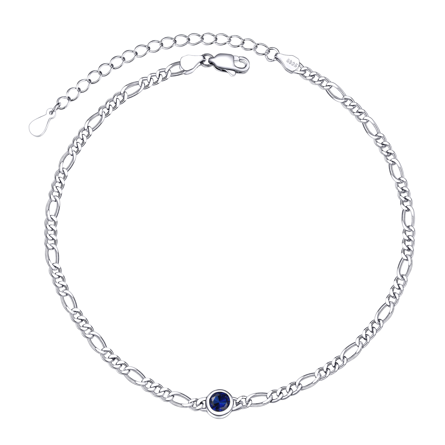 Birthstone Sterling Silver Diamond Cut Figaro Anklets for Women Sept