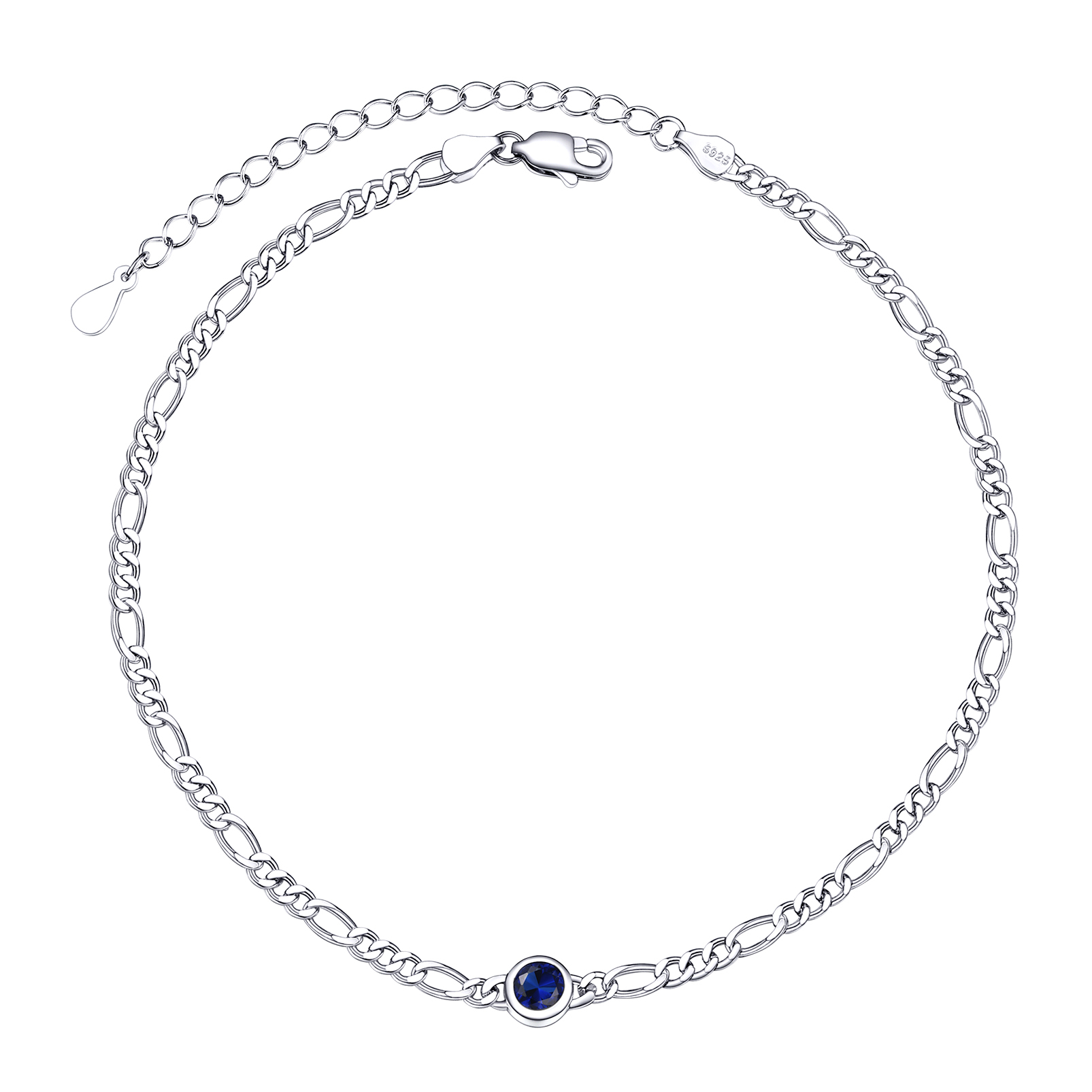 Birthstone Sterling Silver Diamond Cut Figaro Anklets for Women Sept