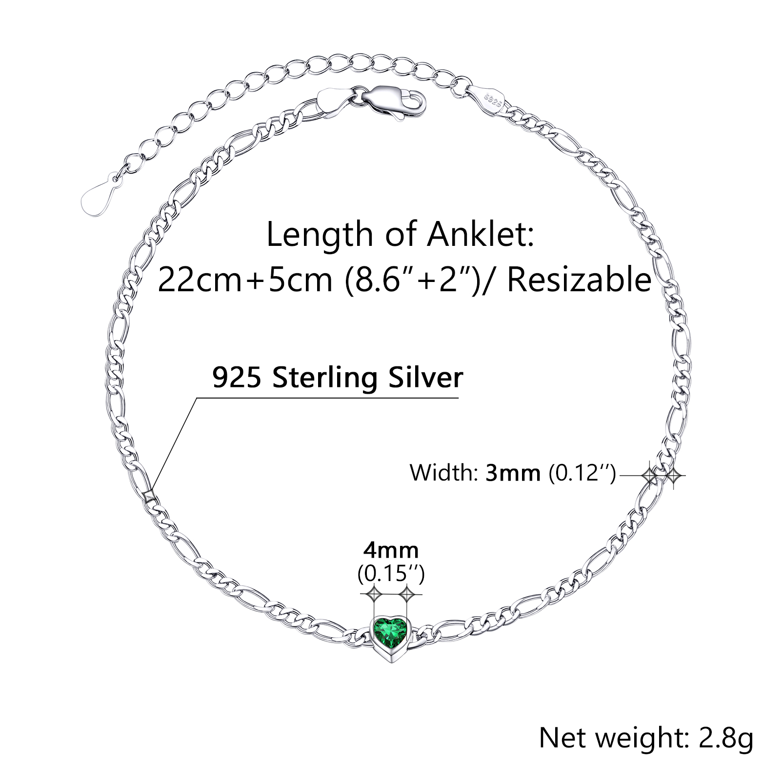 925 Sterling Silver Birthstone Adjustable Anklets For Women