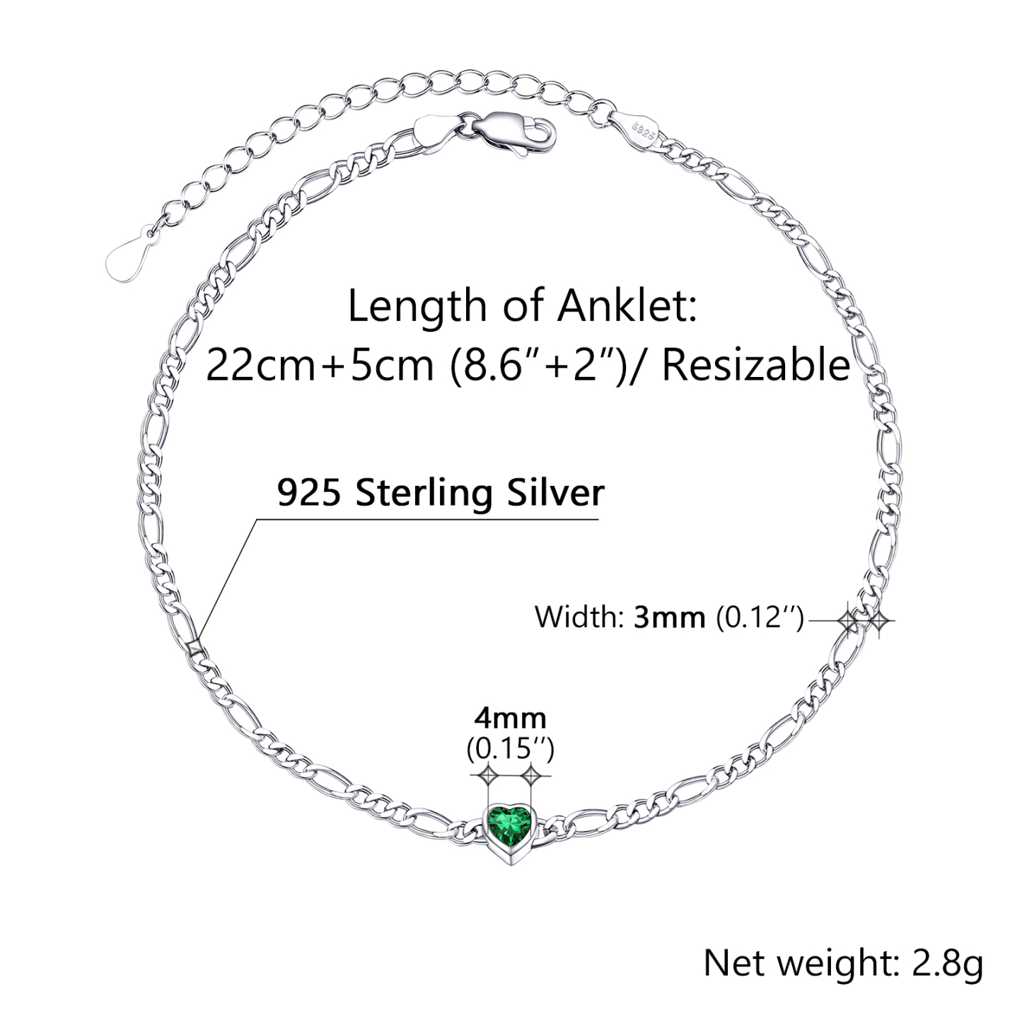 925 Sterling Silver Birthstone Adjustable Anklets For Women