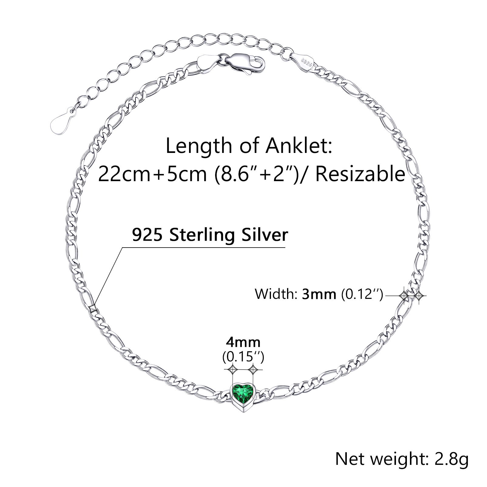 925 Sterling Silver Birthstone Adjustable Anklets For Women