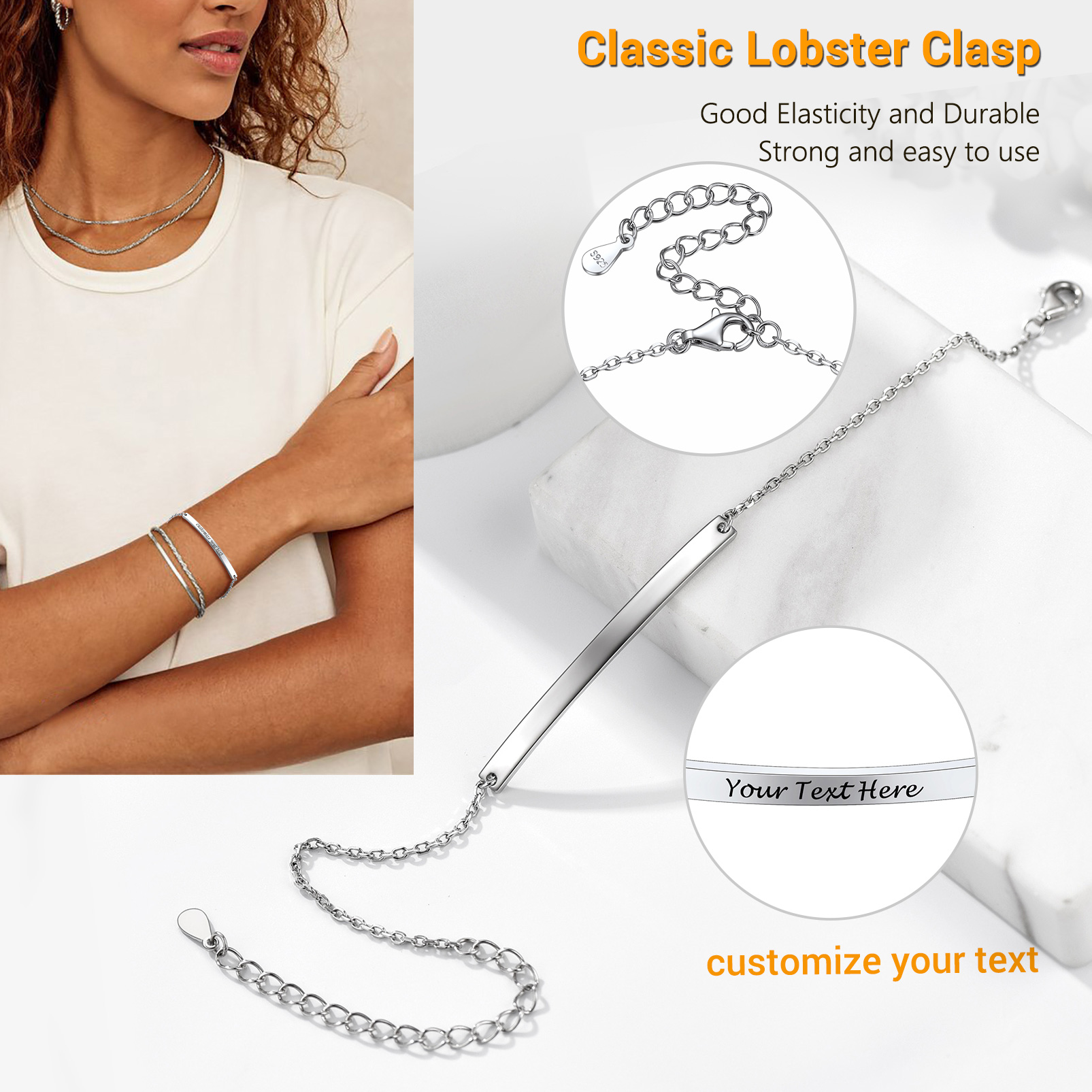 Custom Engraved Silver Bar Bracelet for Women 