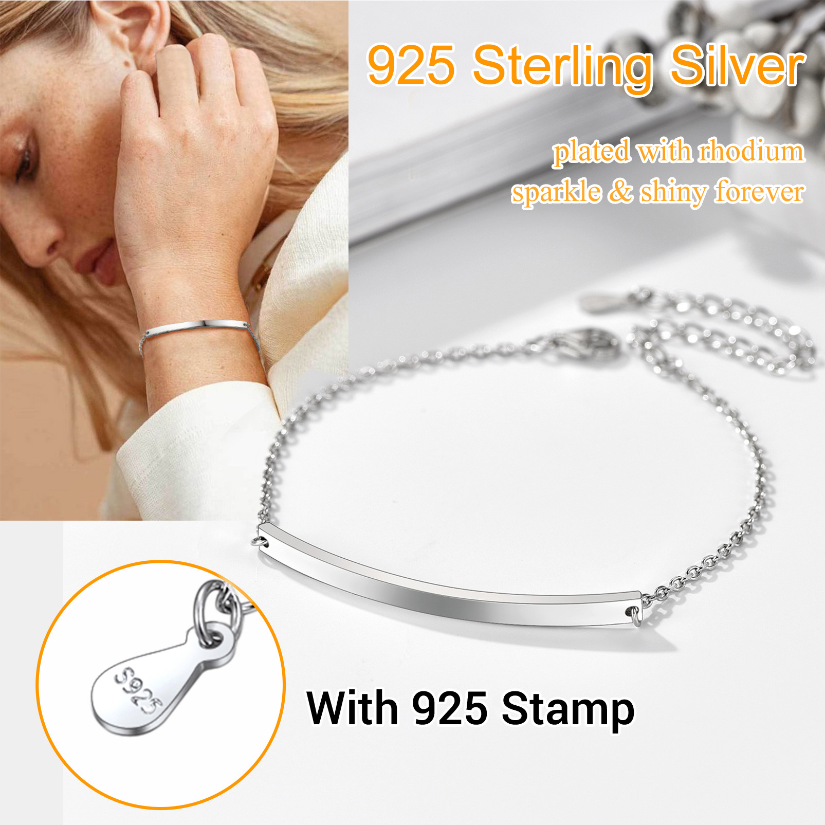 Custom Name Silver Bar Bracelet for Women 