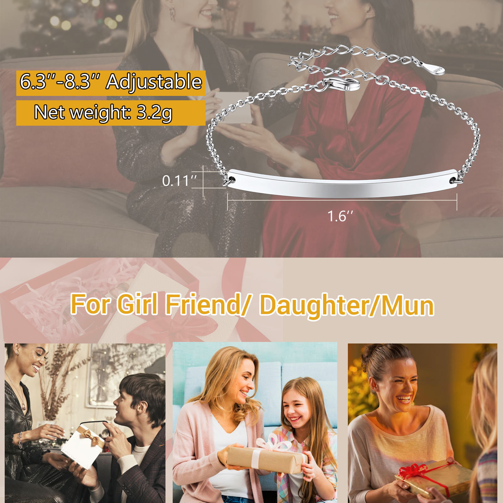 Custom Name Engraved Silver Bar Bracelet gift