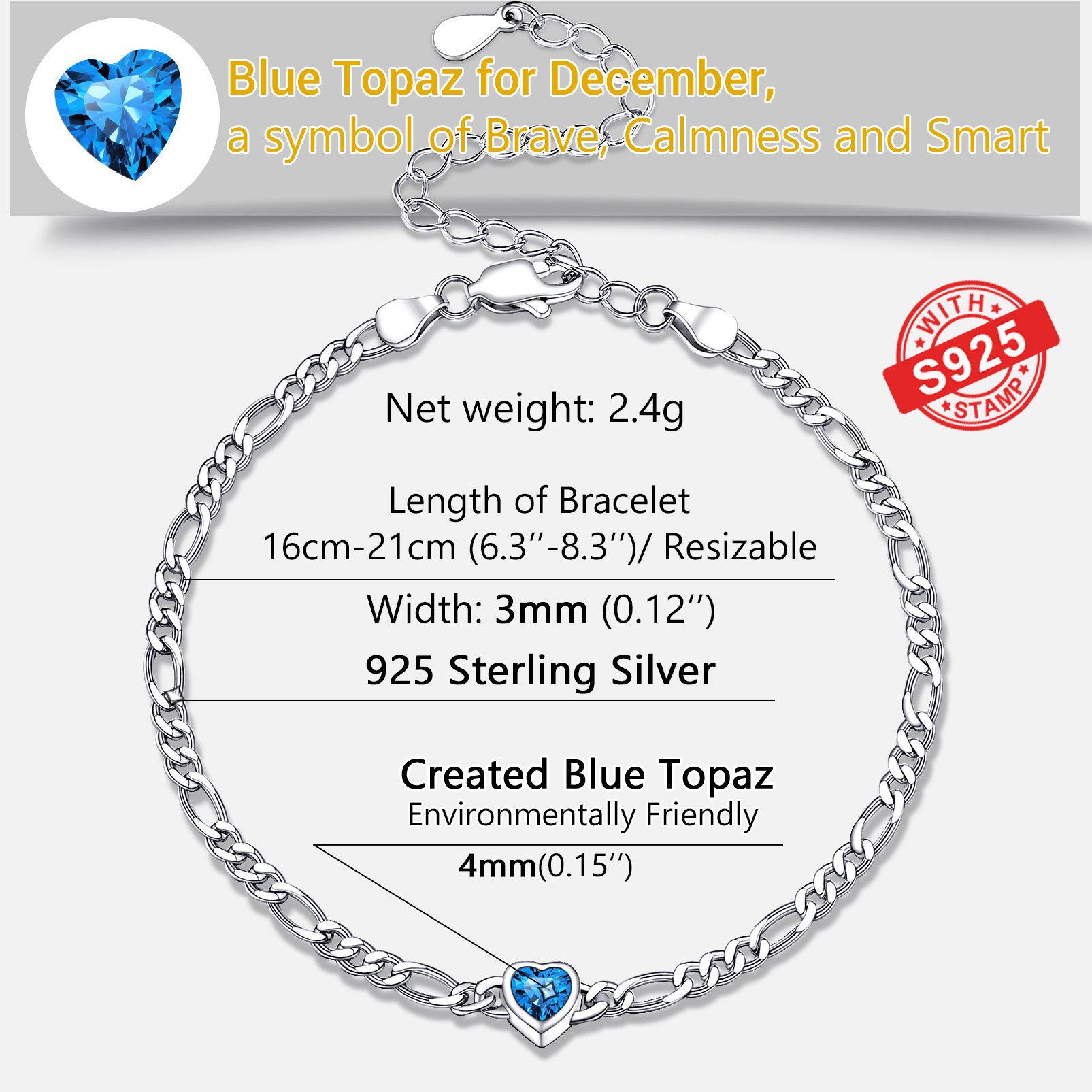 Sterling Silver Birthstone Heart Bracelets for Women detail