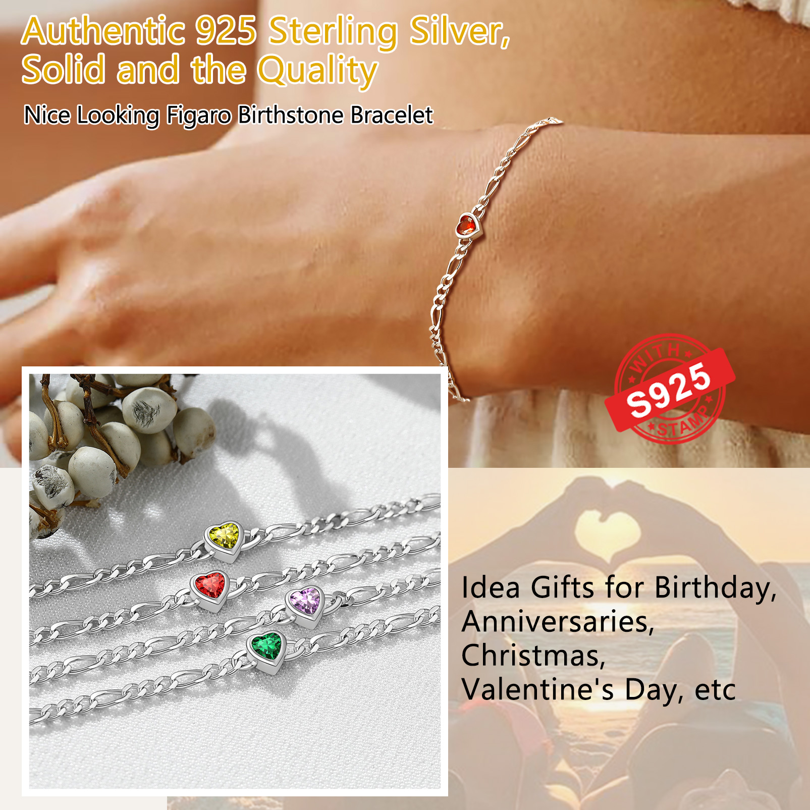925 Sterling Silver Birthstone Heart Bracelets for Women material
