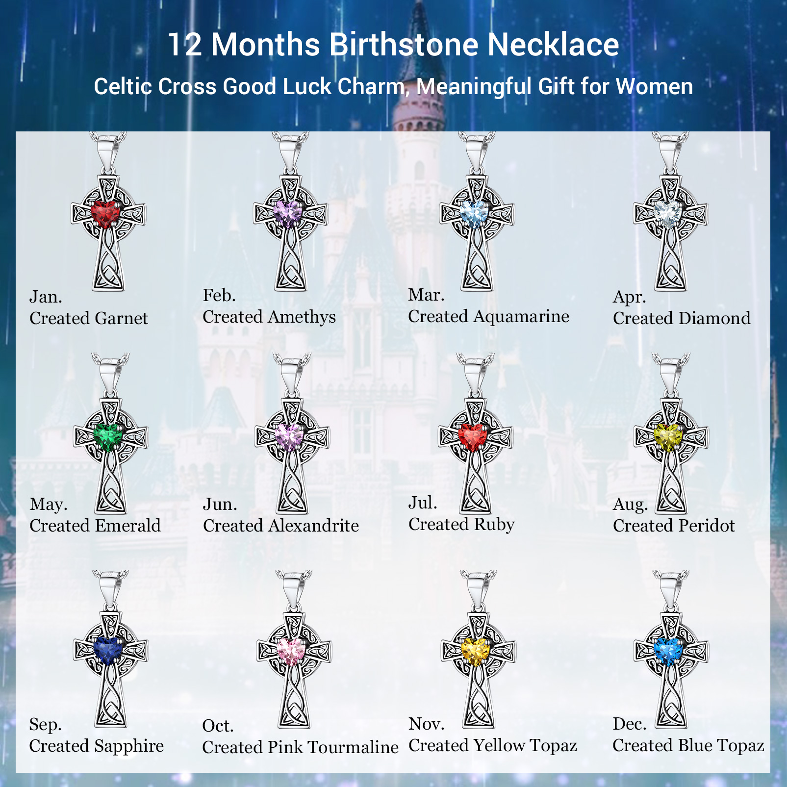 Silver Birthstone Cross Pendant Necklace for Women 12 months