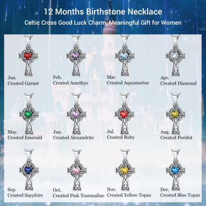 Silver Birthstone Cross Pendant Necklace for Women 12 months