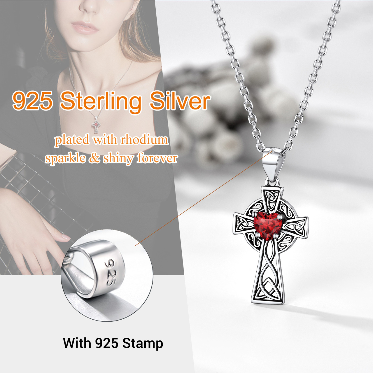 925 Sterling Silver Birthstone Cross Pendant Necklace for Women 