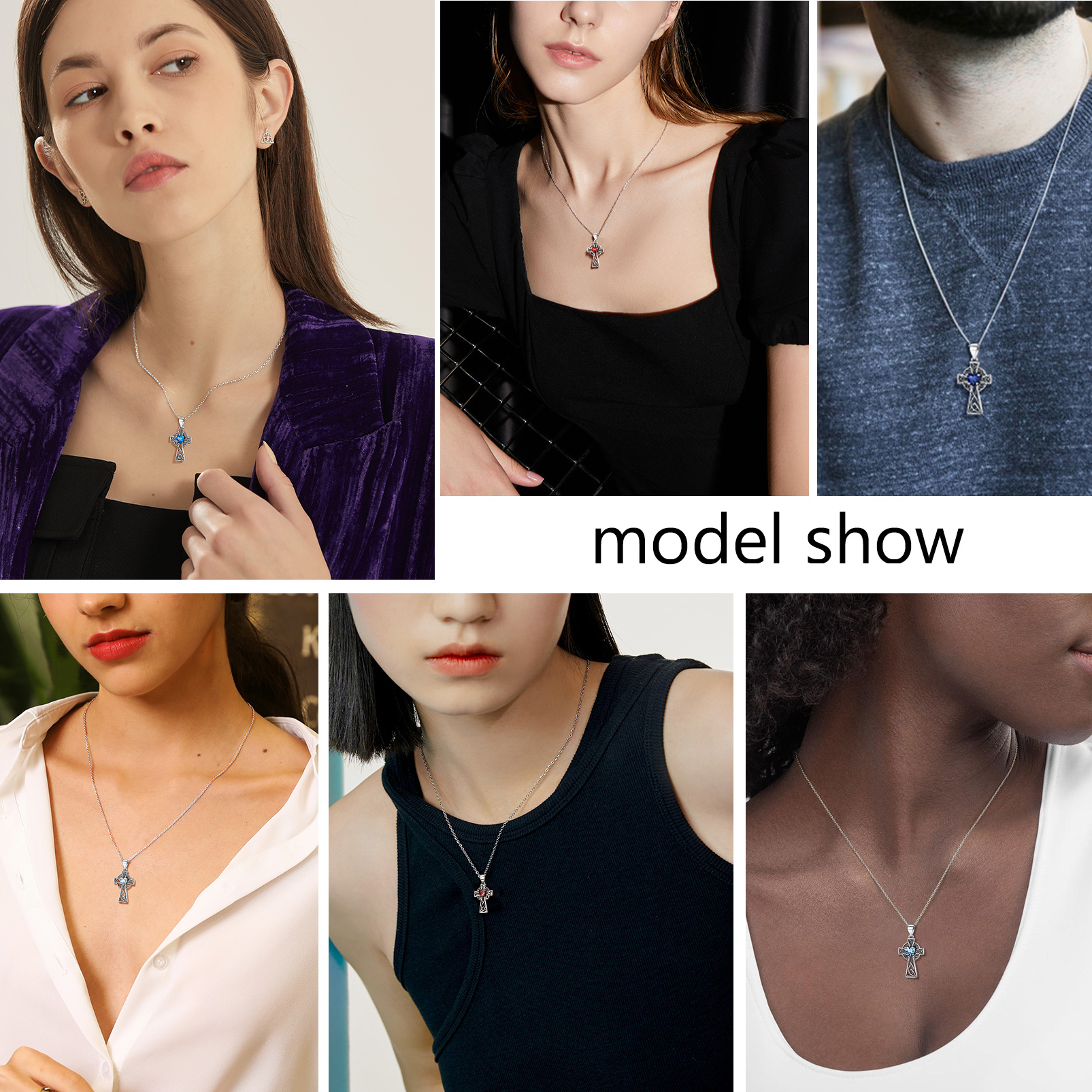 Silver Birthstone Cross Pendant Necklace for Women MODEL SHOW