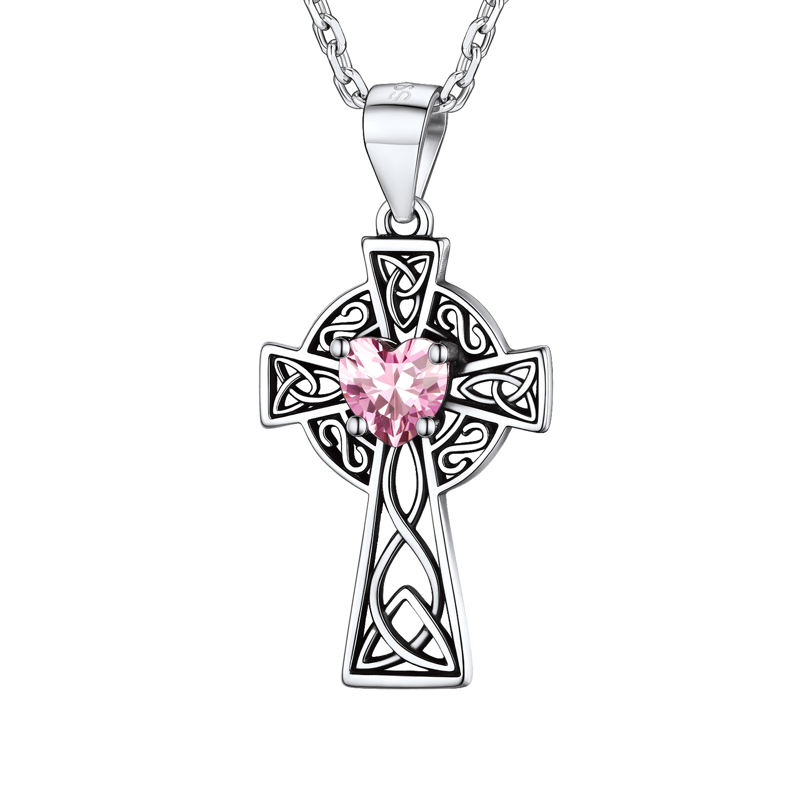 Silver Birthstone Cross Pendant Necklace for Women OCT