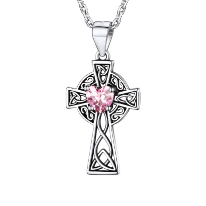 Silver Birthstone Cross Pendant Necklace for Women OCT