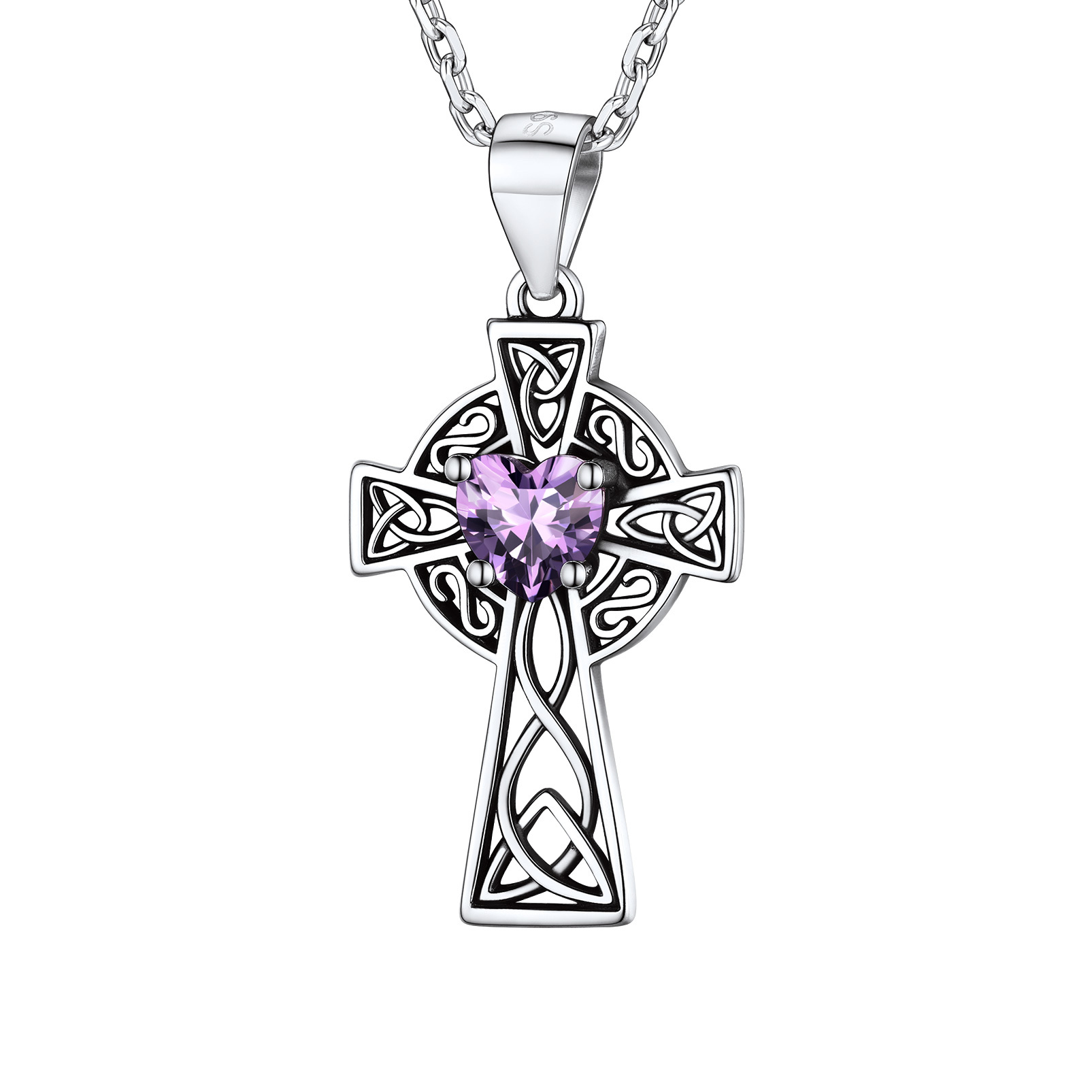 Silver Birthstone Cross Pendant Necklace for Women FEB