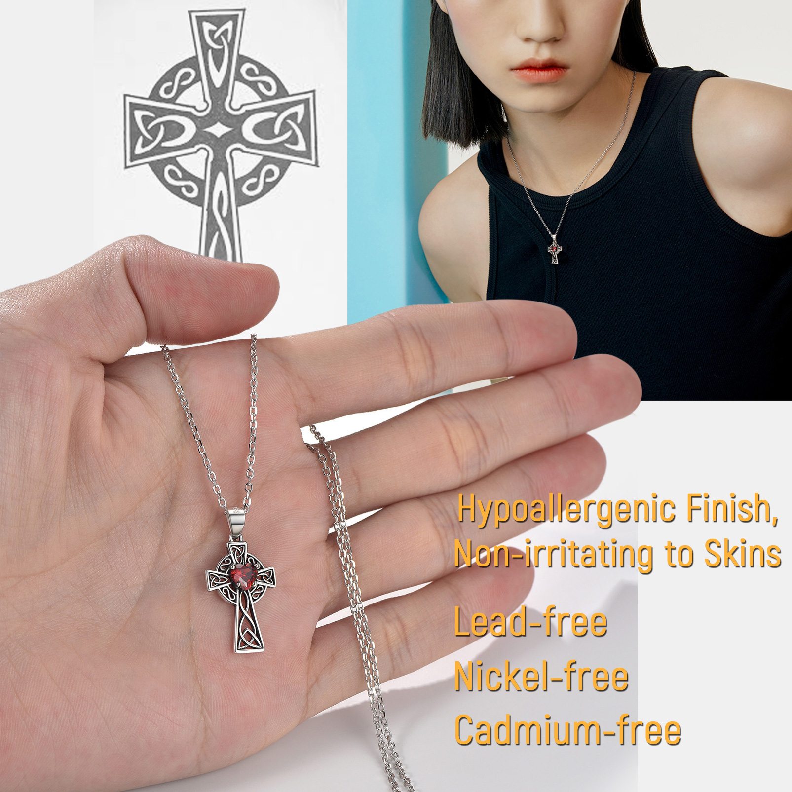 925 Silver Birthstone Cross Pendant Necklace for Women