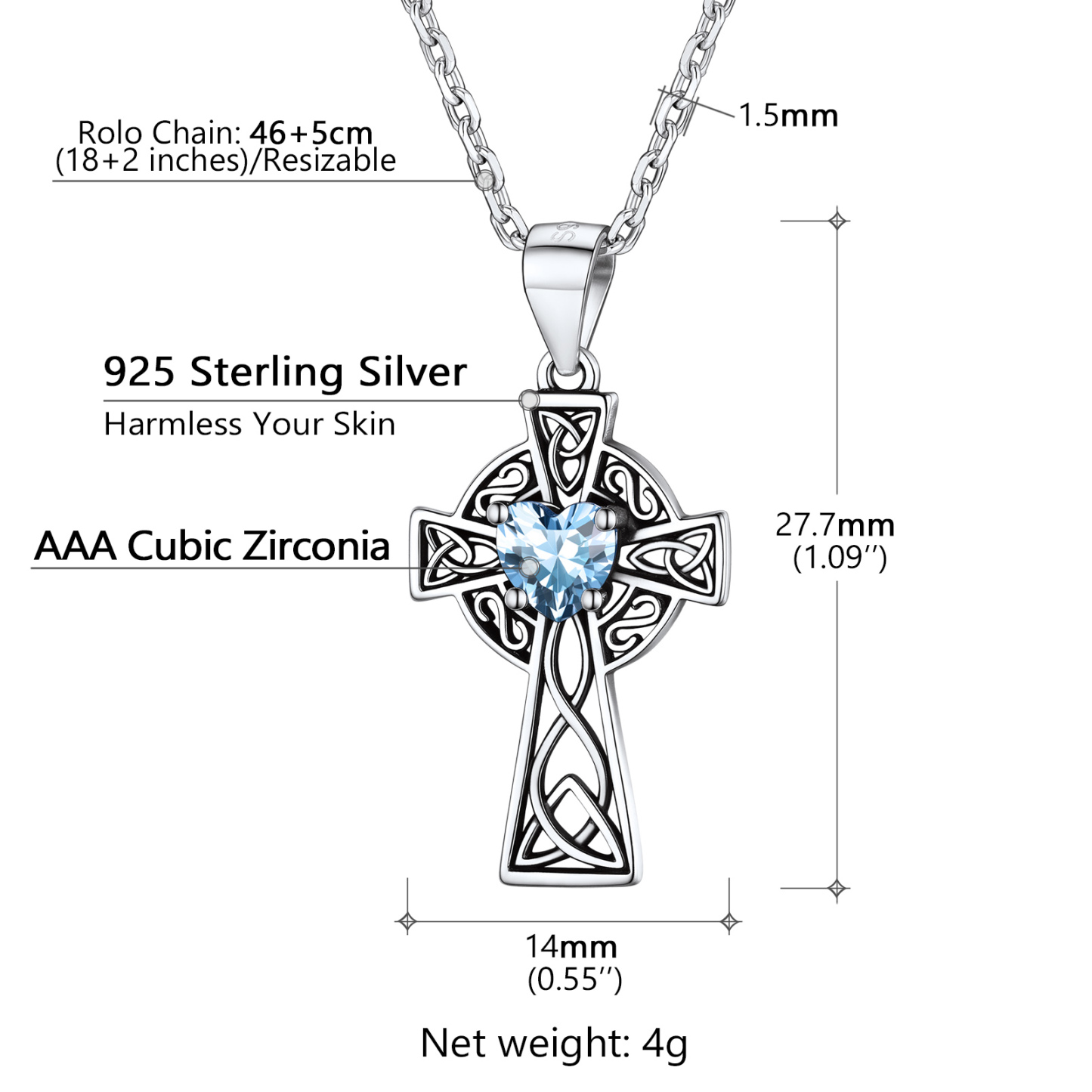 925 Silver Birthstone Cross Pendant Necklace for Women size