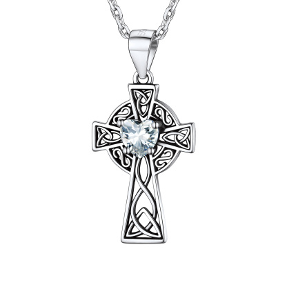 Silver Birthstone Cross Pendant Necklace for Women APR