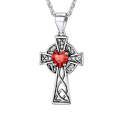 Silver Birthstone Cross Pendant Necklace for Women JUL
