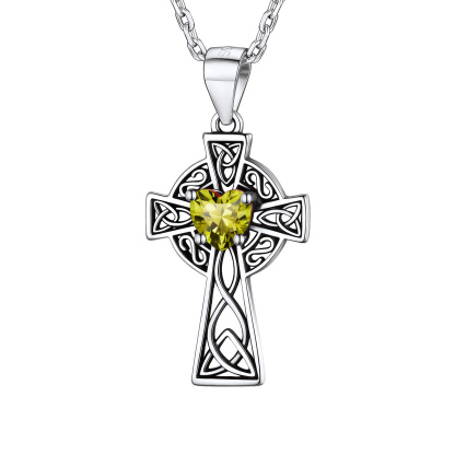 Silver Birthstone Cross Pendant Necklace for Women AUG