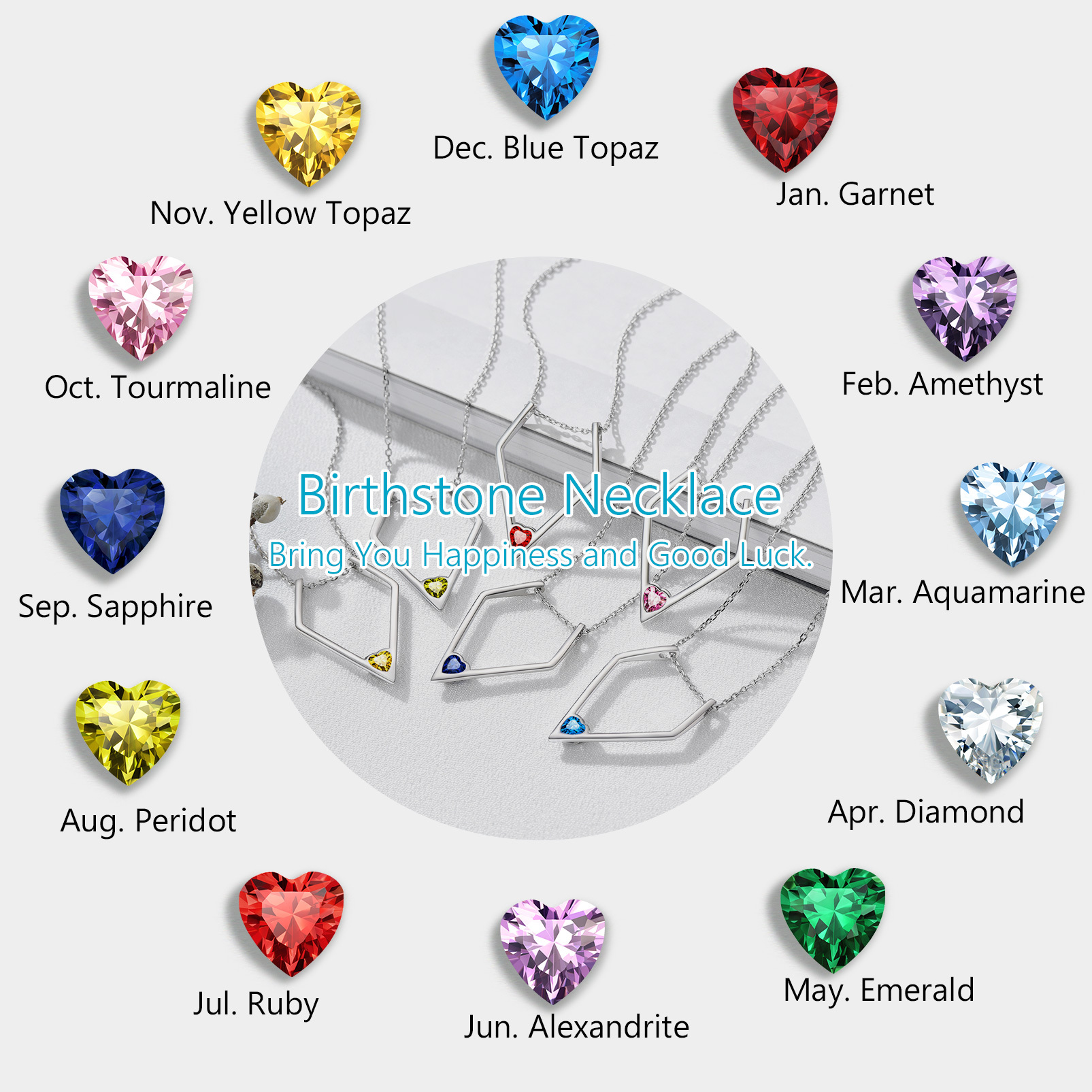 Women Silver Elegant Birthstone Pendant Necklace 12 MONTHS