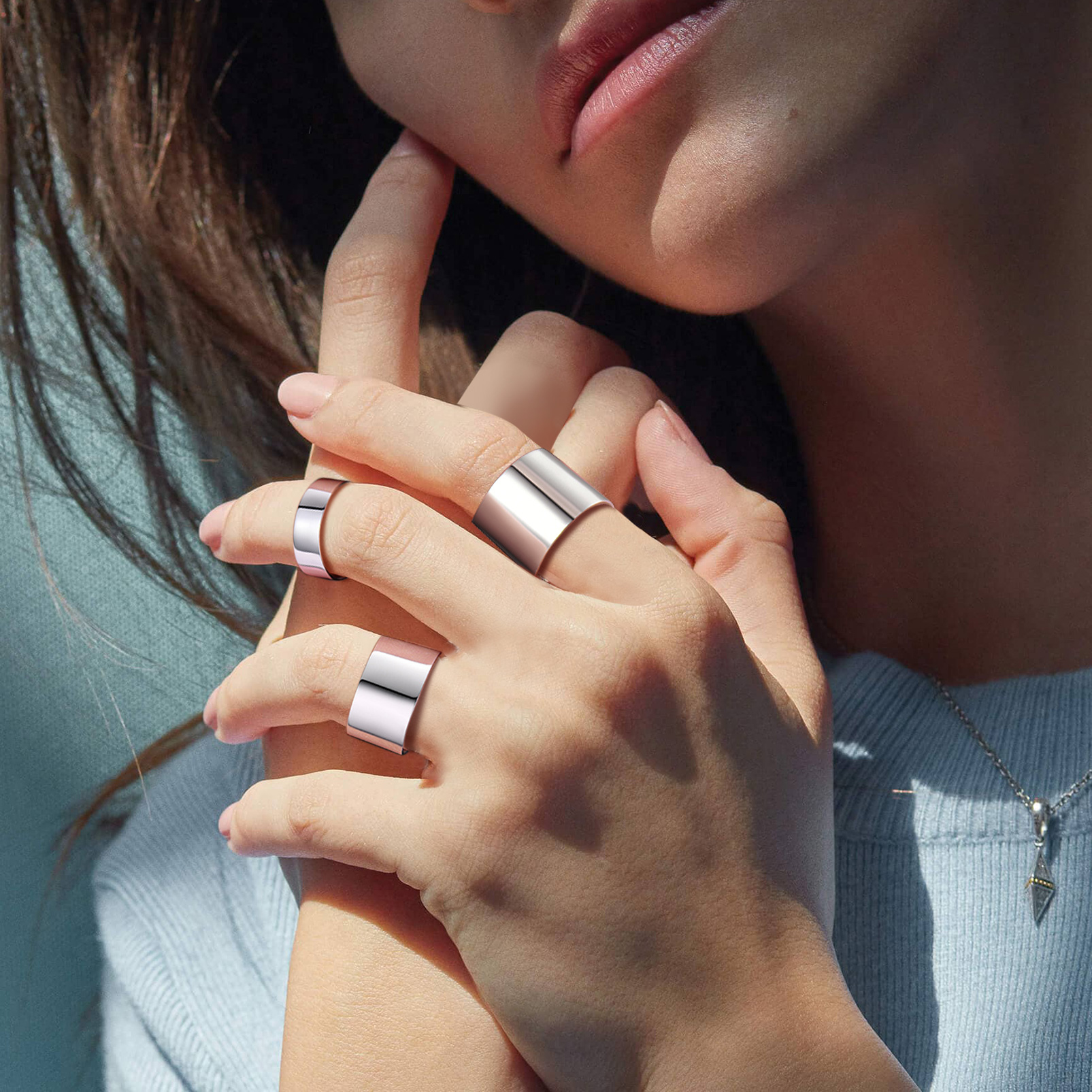 Sterling Silver Engagement Band Engraved Adjustable Cuff Ring women model