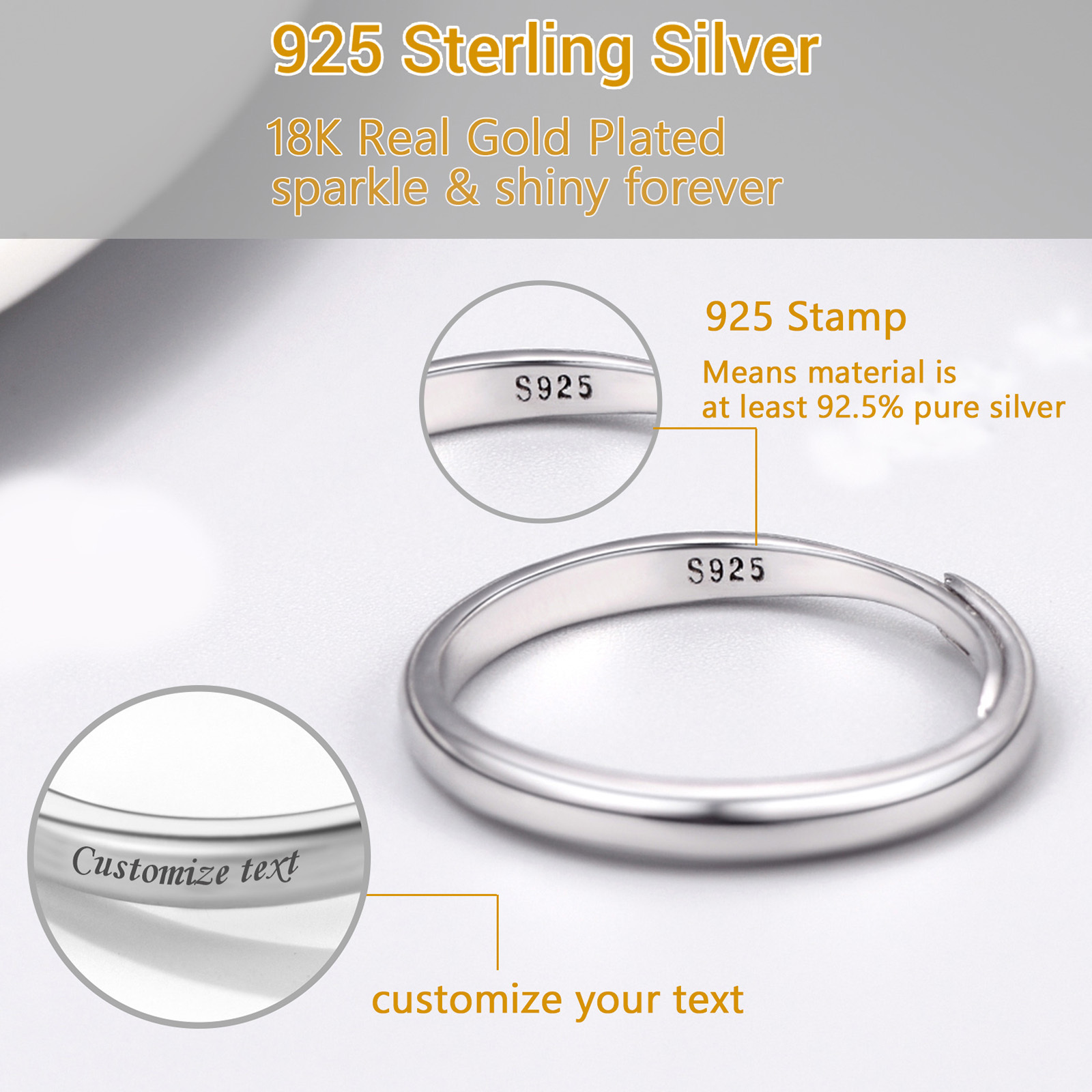 925 Sterling Silver Engravable Adjustable Ring Band For Couple detail