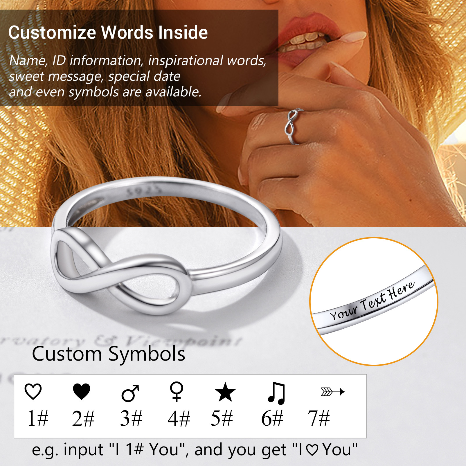 custom infinity Engraved 925 Sterling Silver Promise Rings For Women