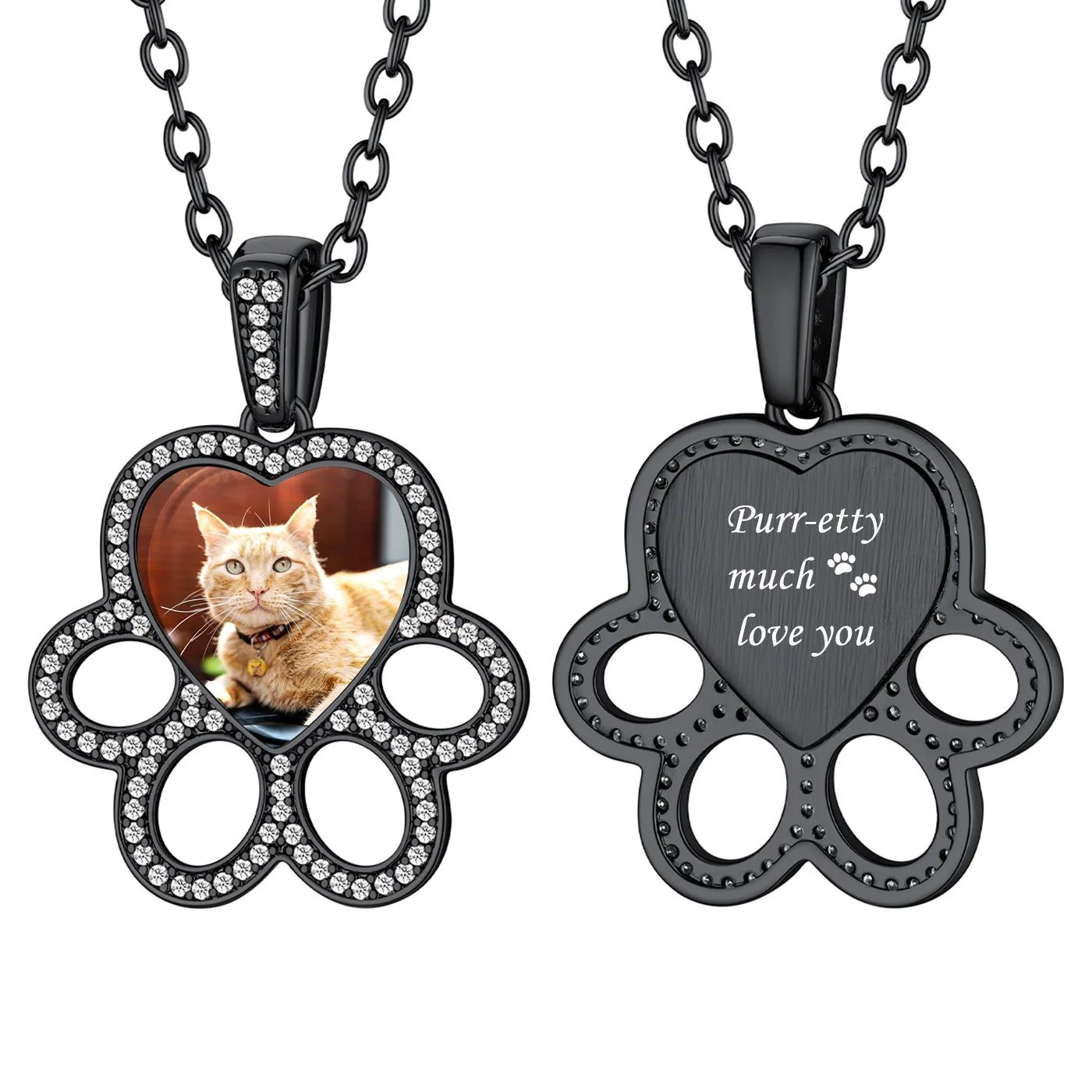 Black paw Print Photo Necklace for Pet Lover