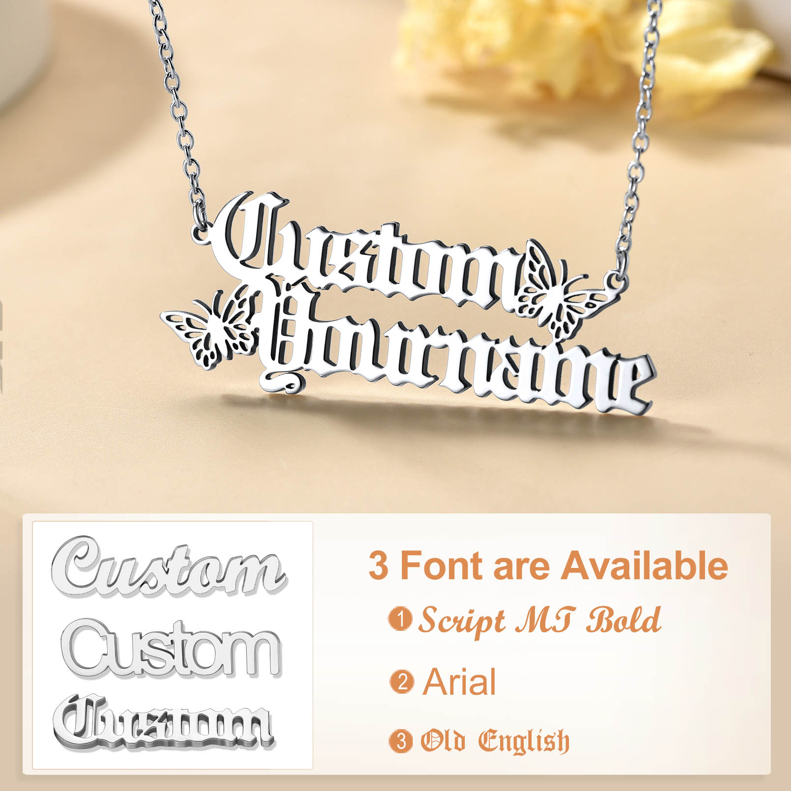 Personalised Name Necklace with Butterfly 3 fonts