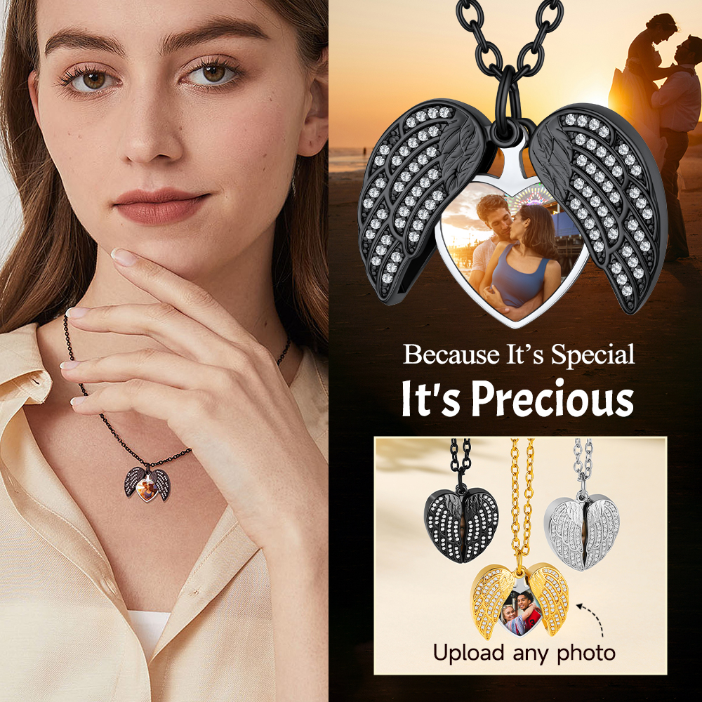 Personalized Angel Wings Heart Locket Necklace with Picture
