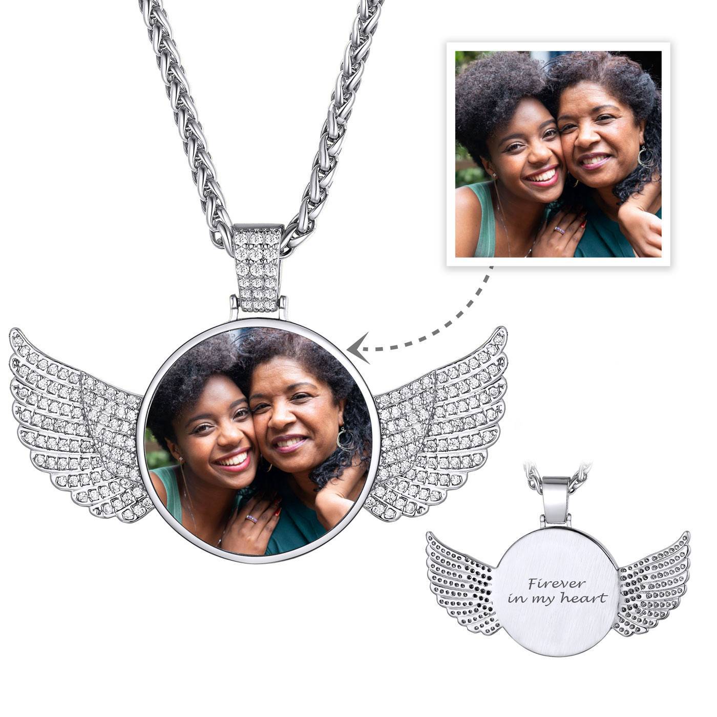 Custom Angel Wings Iced Out Photo Necklace for Men with Picture