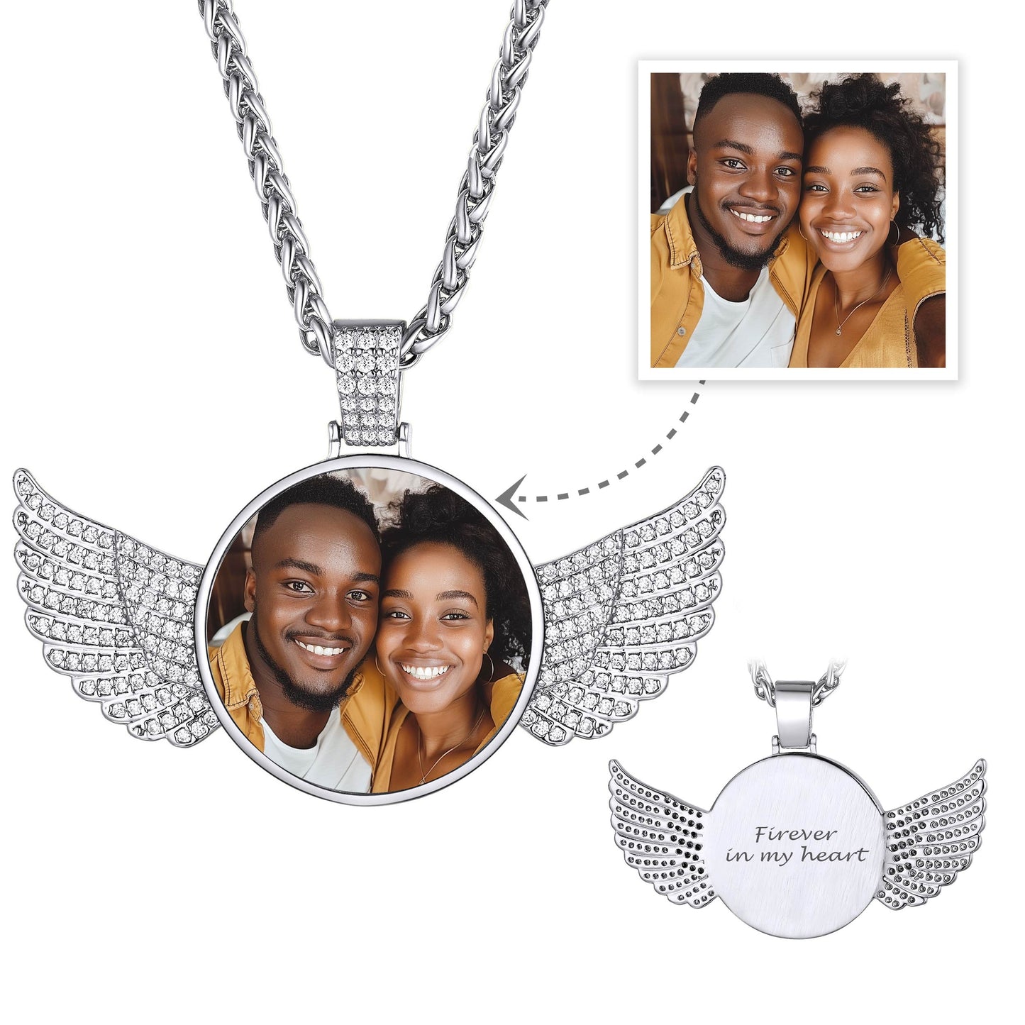 Custom Angel Wings Iced Out Photo Necklace for Men