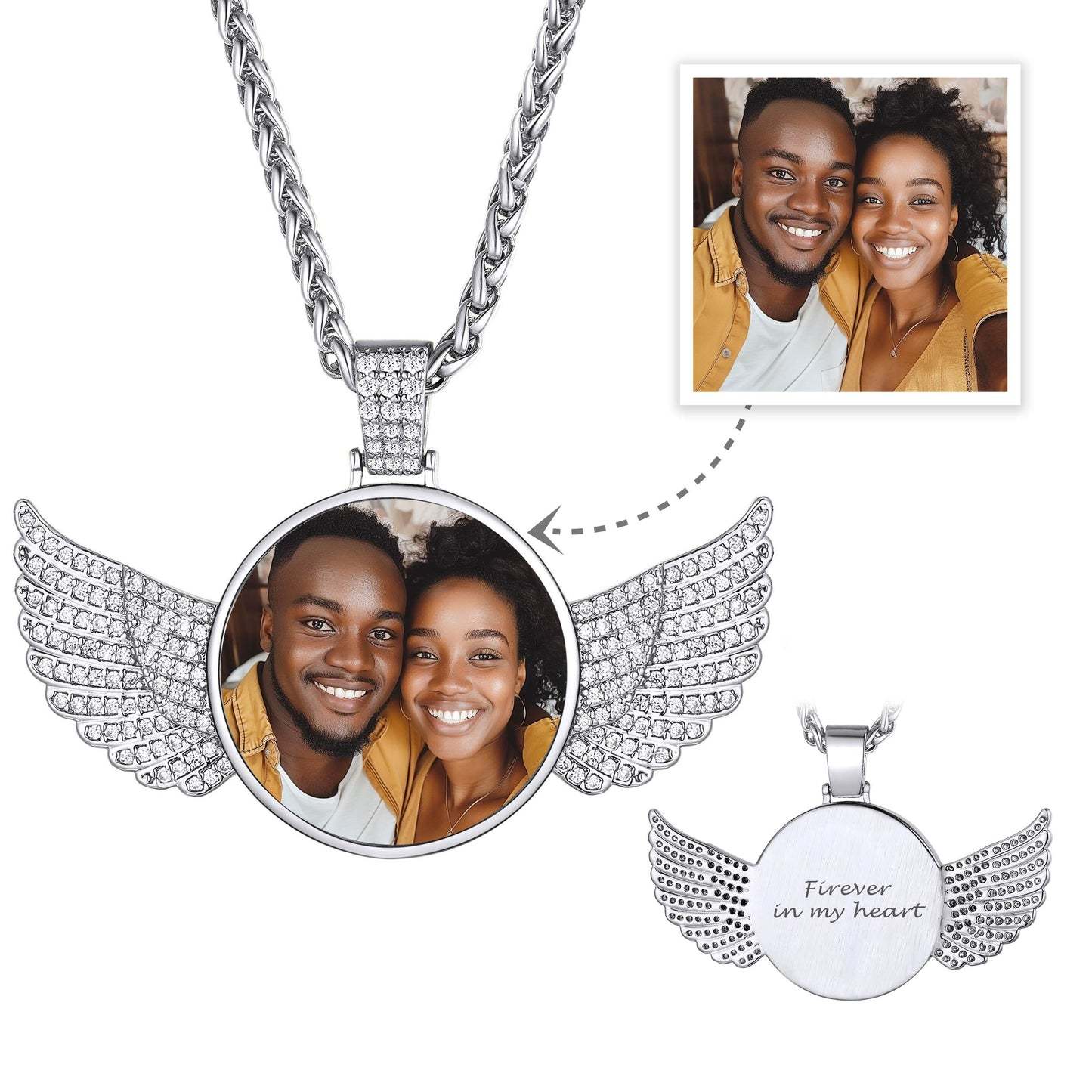 Custom Angel Wings Iced Out Photo Necklace for Men