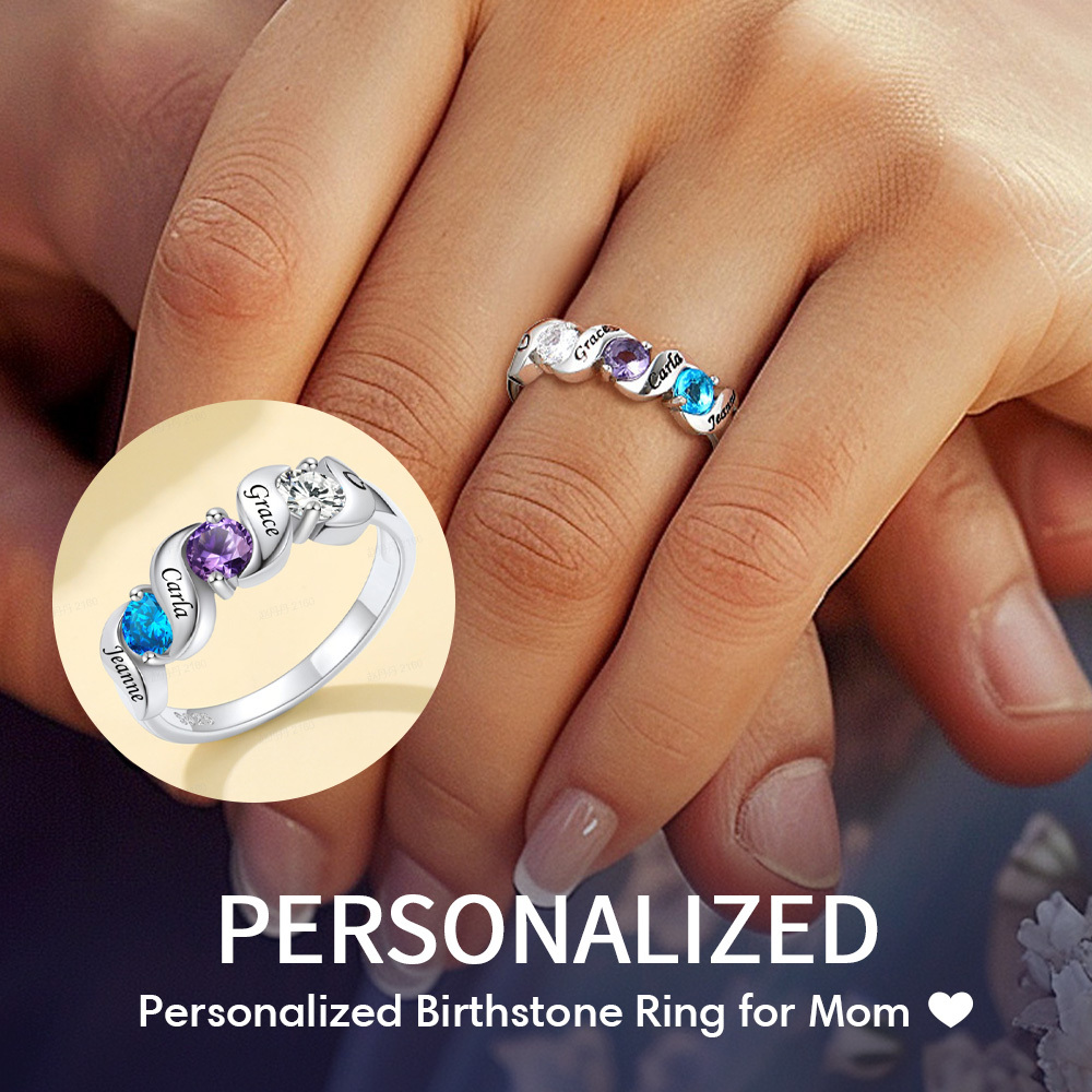 Personalized Birthstone Custom Ring with Engraved Names