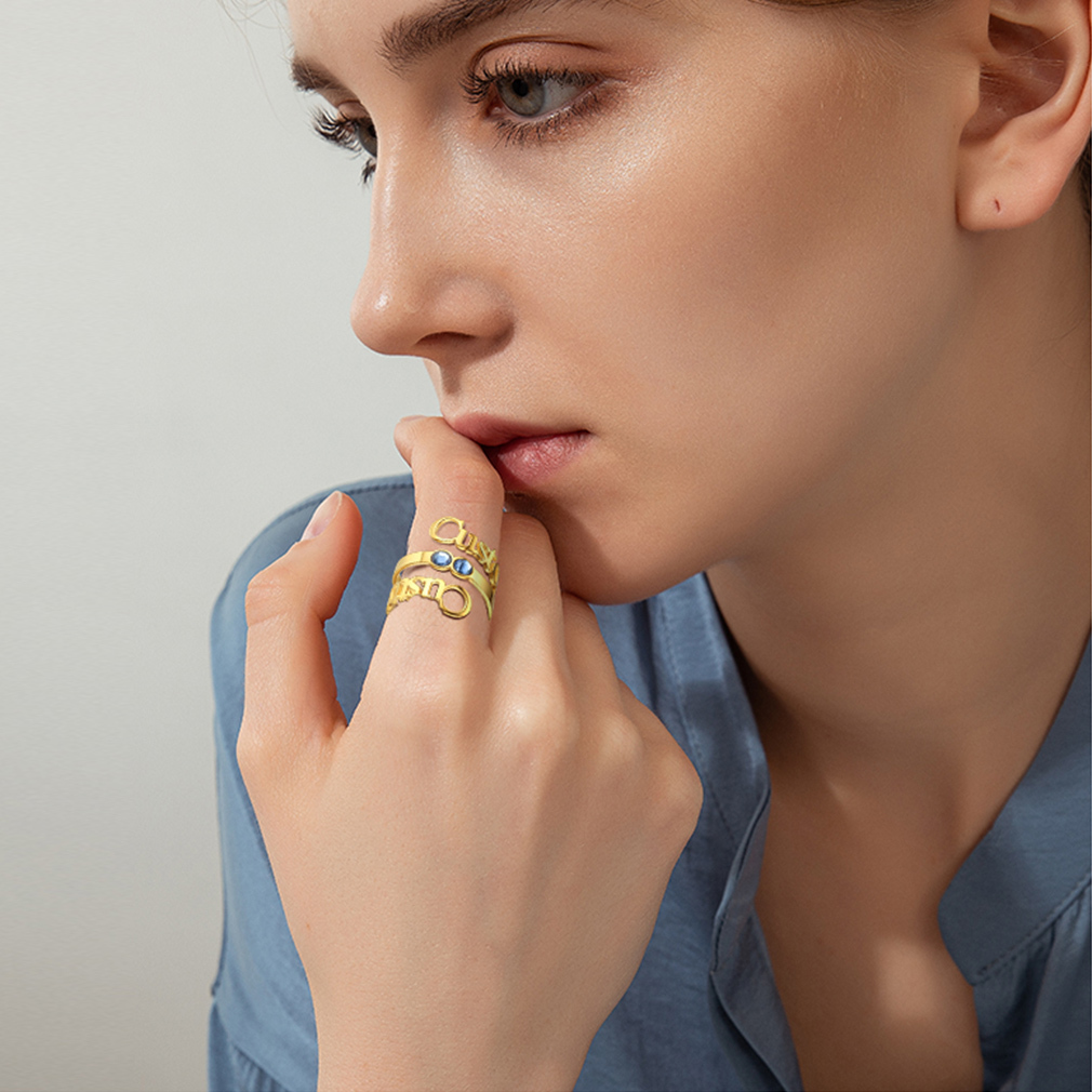 Personalized Birthstone Double Name Ring for mom