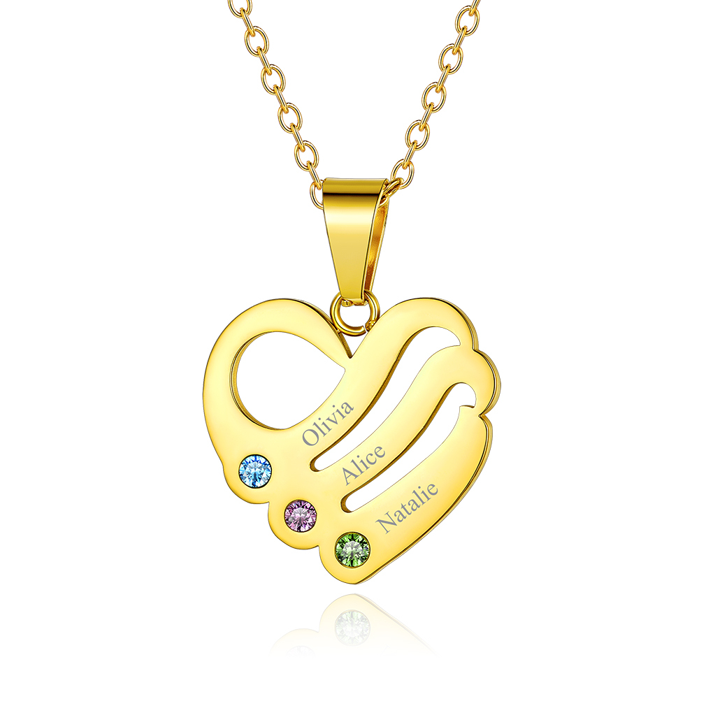 Personalized Birthstone Heart Engraved Necklace with 1-5 Names