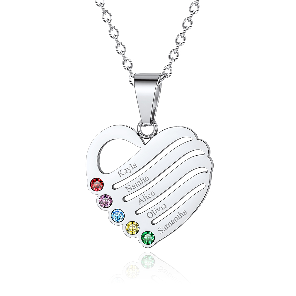 Personalized Birthstone Heart Engraved Necklace with 1-5 Names