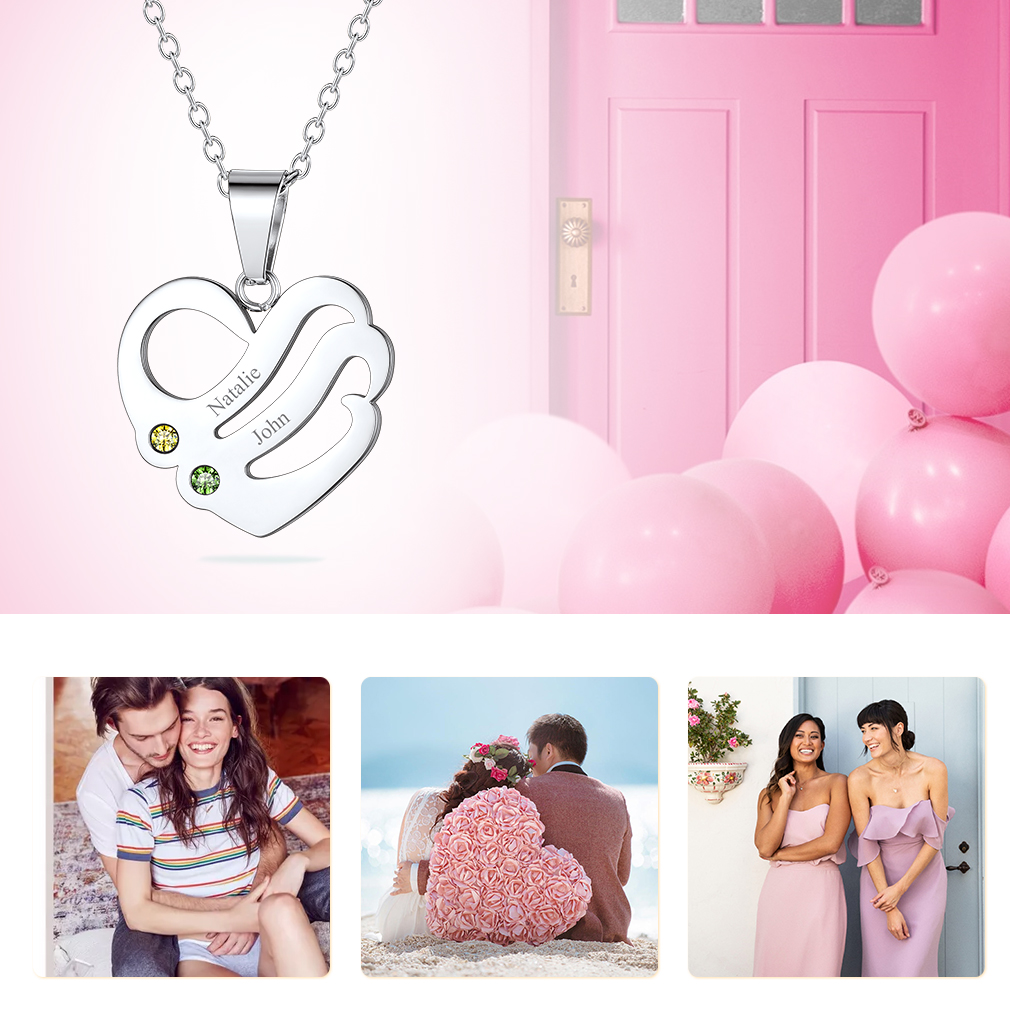 Personalized Birthstone Heart Engraved Name Necklace gift for girlfriend