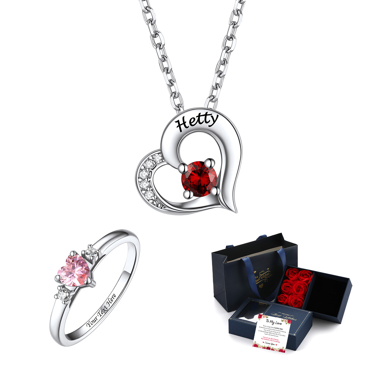 Personalized Birthstone Necklace And Ring Gift Box Set For Her