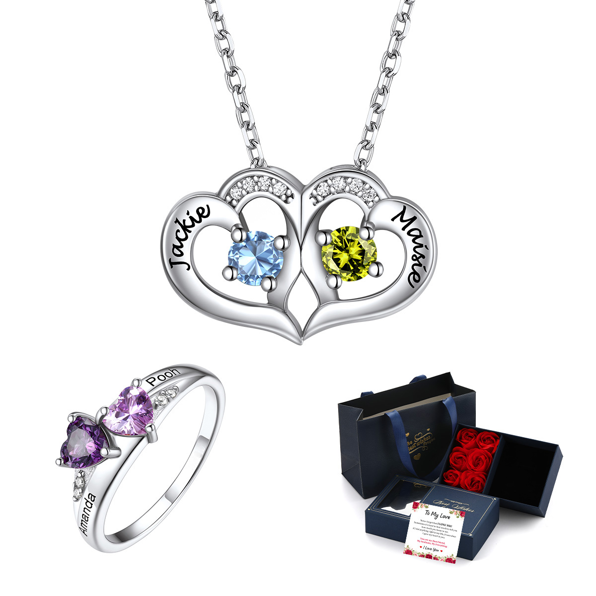 Personalized Birthstone Necklace And Ring Gift Box Set For Her