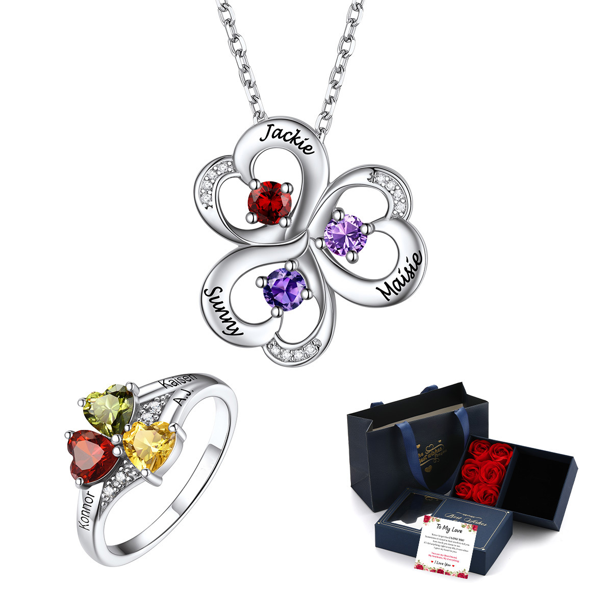 Personalized Birthstone Necklace And Ring Gift Box Set For Her