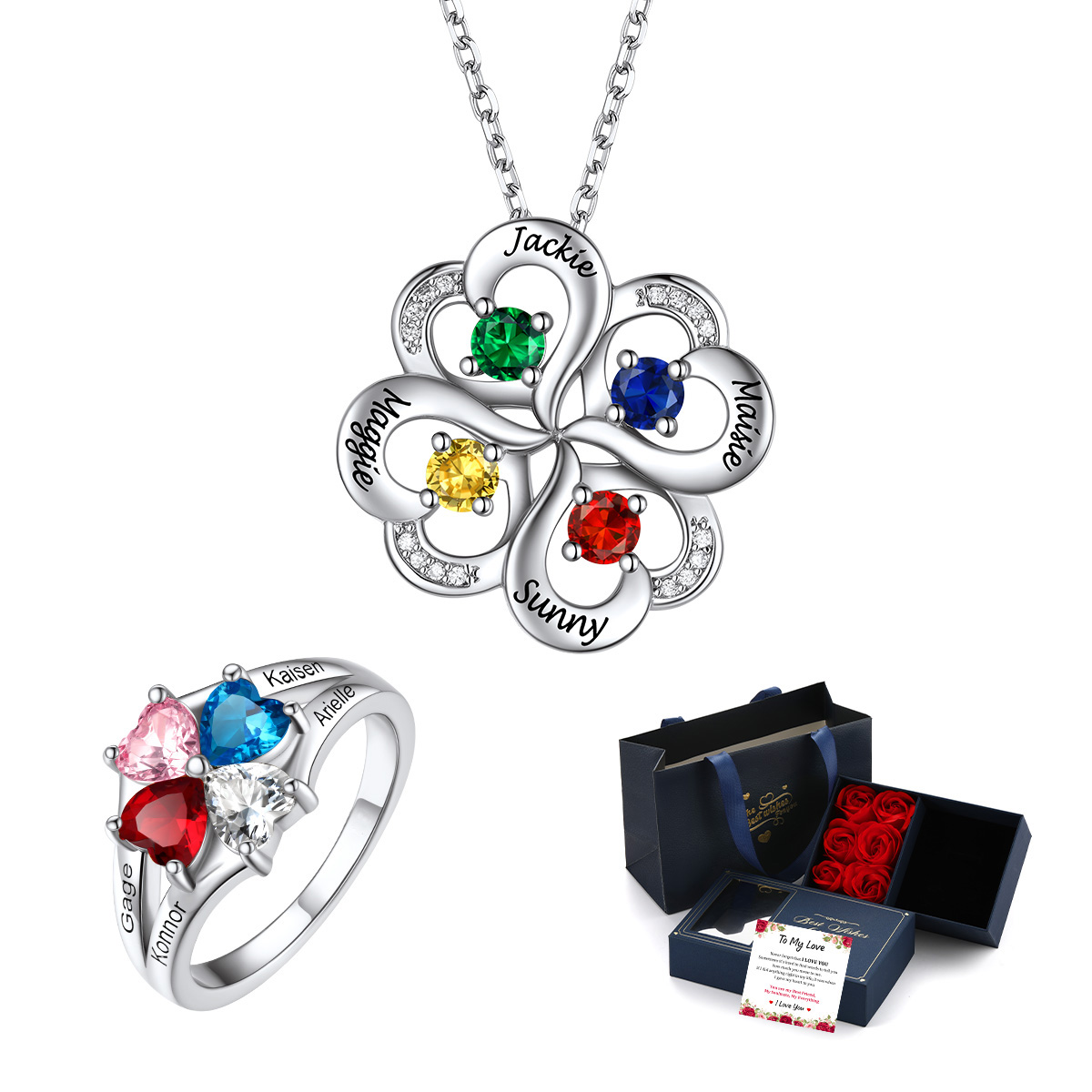 Personalized Birthstone Necklace And Ring Gift Box Set For Her
