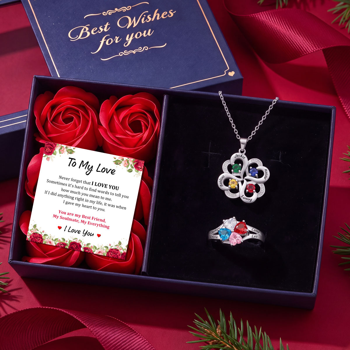 Personalized Birthstone Necklace And Ring Gift Box Set For Her