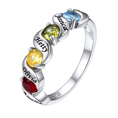 Personalized Birthstone Ring with Engraved Names for Mom