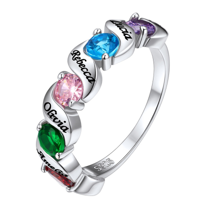 Personalized Birthstone Ring with Engraved Names for Mom